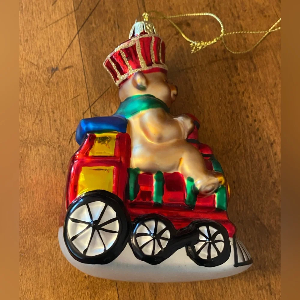 Vtg Lao Mai Christmas Bear Driving Train Glass Ornament